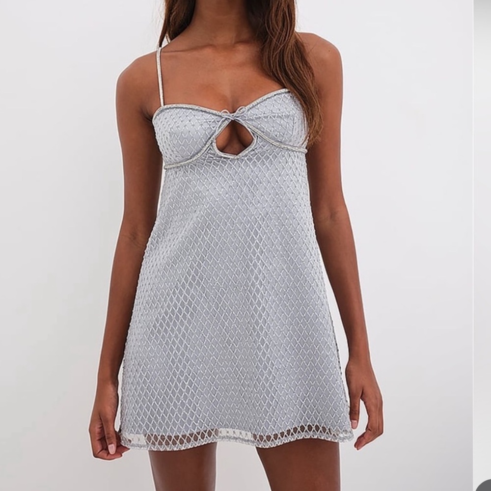 For Love and Lemons Glitter Heart Slip Dress in SILVER
